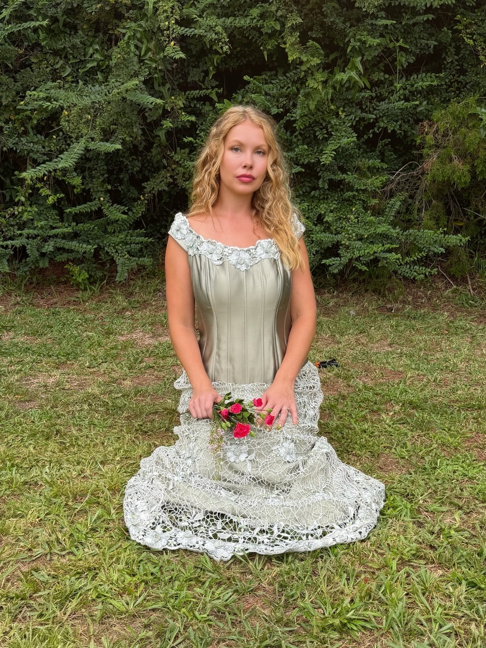 Womenโs Silk Sage Green and Ivory Vintage lace Formal Dress with Floral Accents